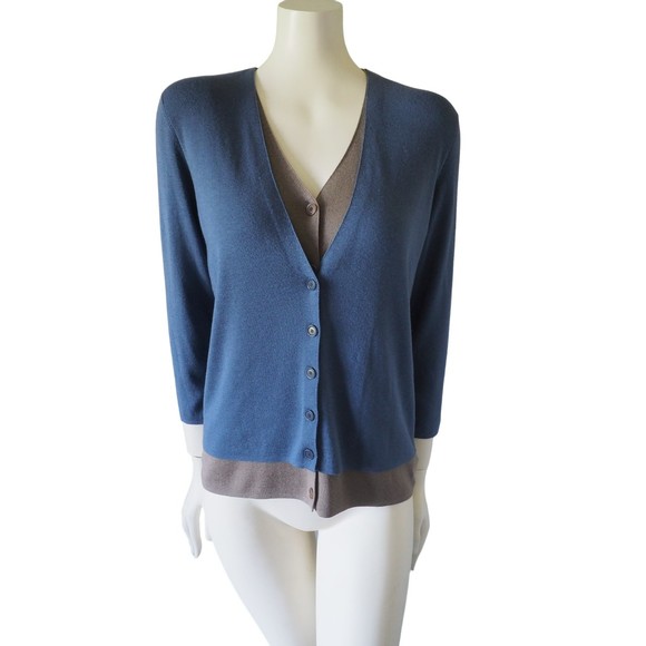 Akris Punto Silk Cashmere Double Layered Cardigan Color Block Blue-Brown - Picture 2 of 12